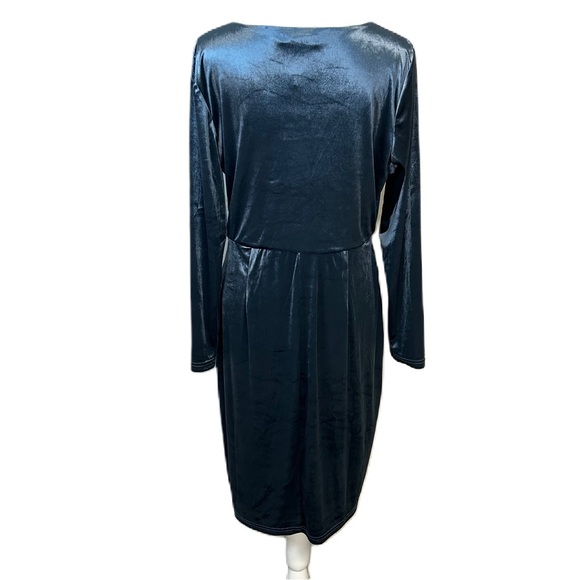 Womens Long Sleeve Velvet Dress Size 14 Stretchy V Neck Ruched Party Blue NWT - Picture 2 of 16